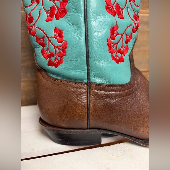 Vtg Y2k LANE Boots Floral Jade Sz 8.5 Embroidered Snip Toe Leather Cowgirl Boots - Picture 5 of 16
